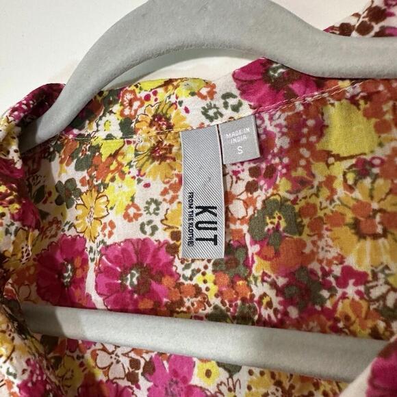 Kut From The Kloth Top Blouse Floral Front Tie Pink Orange Collared Small Cotton - Picture 3 of 5
